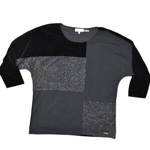 Calvin Klein Black Blouse Polyester S Crew Neck 3/4 Sleeve Geometric Velvet